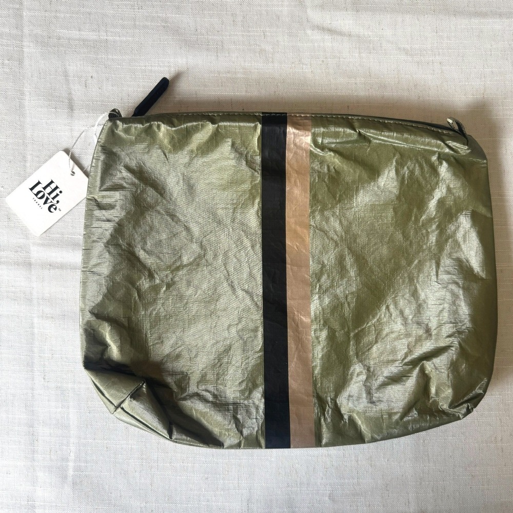 Hi Love Travel Olive Green Stripe Pouch Splash Resistant Tyvek Zipper Bag NEW